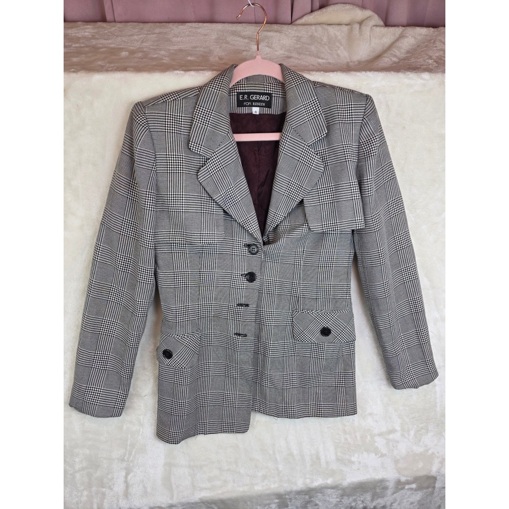 Vintage E.R. Gerard for Renlyn Glen Plaid Blazer Black White Union Made Size 4‎